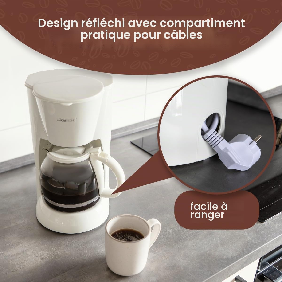 Clatronic, Machine a Café, Cafetiere, Expresso, Cafetière filtre électrique 12-14 Tasses capacité env. 1,5 L, système anti-goutte, Blanche, 900 watts, KA 3473