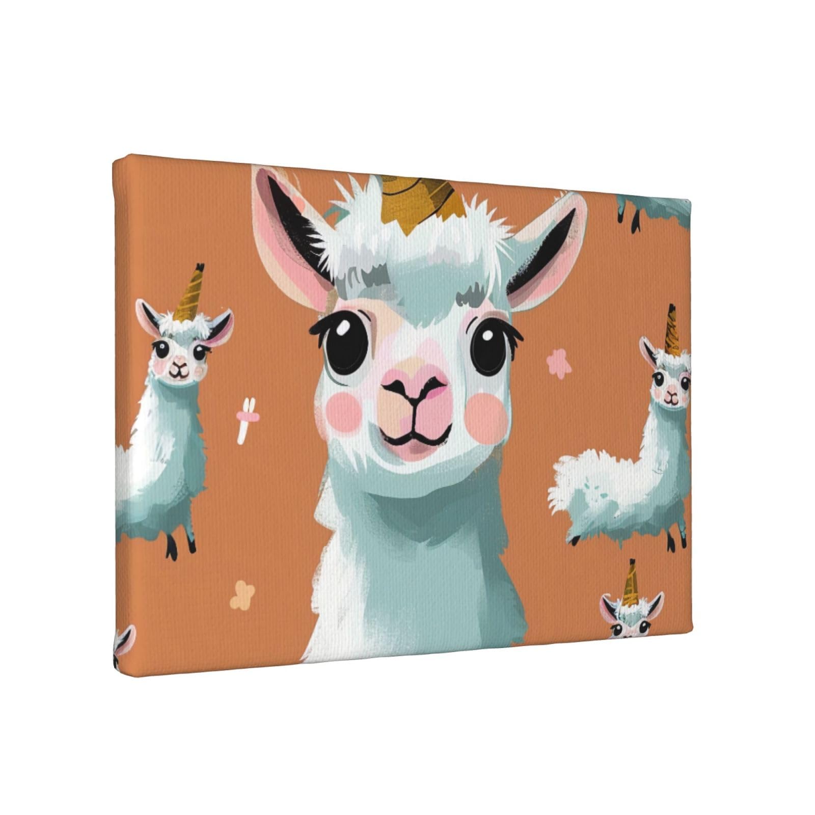 YKLJG Cute Llama Printed Wall Art Canvas Painting 30x20 CM Wooden Framed Picture Painting Artwork Prints for Bedroom Kitchen Home Office Decor