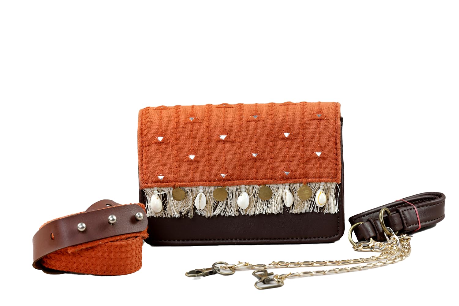 Boho Affair Sling and Waist Bag | Handloom Woven Cotton And Vegan Leather | 2 Belt And West Bag Fit Upto 42 inches And Detachable Sling Chain | Ladies Shoulder Purse Stylish Handbag-image-14