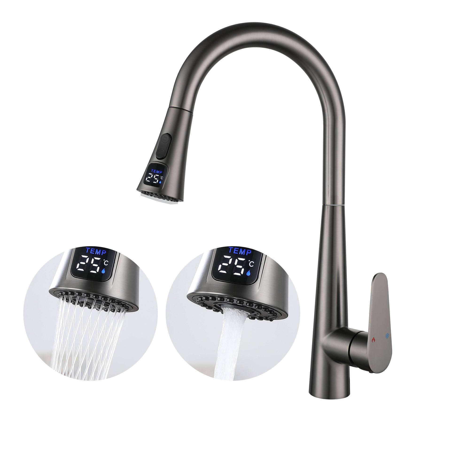 Kelica Water Faucet for Kitchen Sink Kitchen Mixer Tap Pull Out Kitchen Faucet with Sprayer Pull Down LED Temperature Digital Display Sprayer Stainless Steel SUS304 Gun Grey
