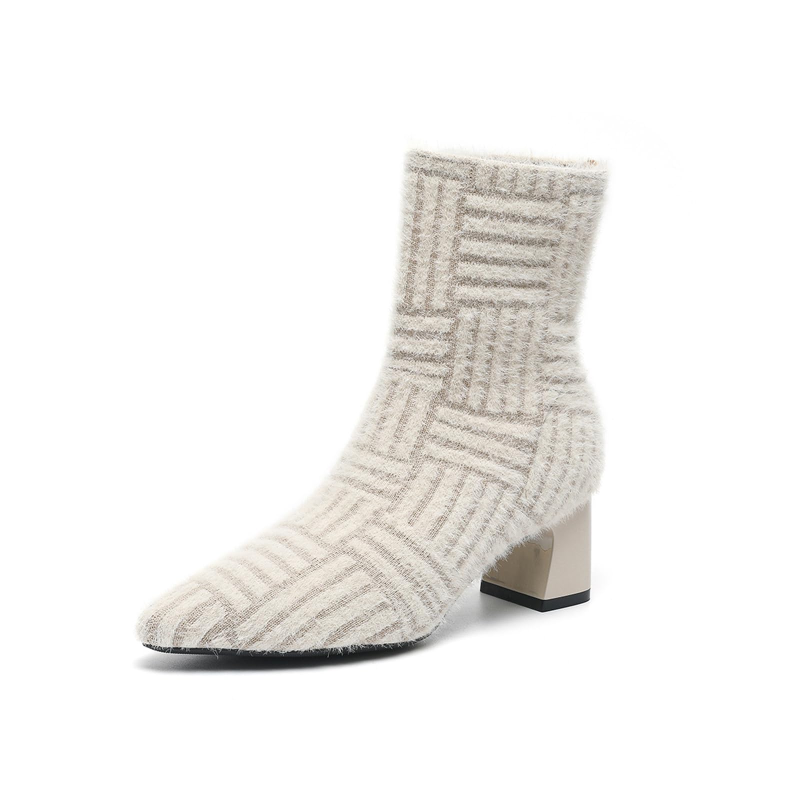 Womens Furry Knit Pull On Block Heel Sock Booties Fashion Pointed Toe Breathable Non Slip Fall Winter Ankle