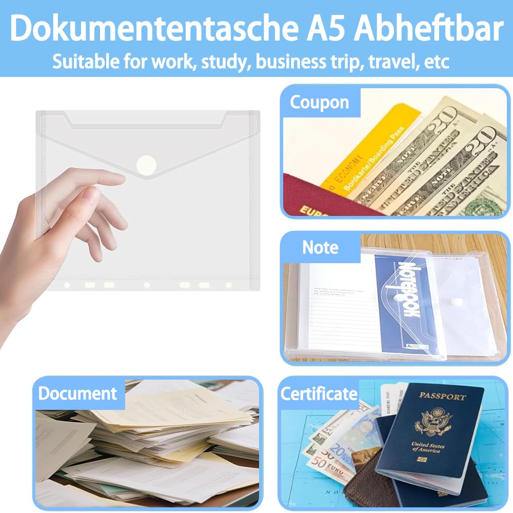 20 Piezas Carpeta A5 Sobre Plástico con Botón,A5 Carpeta Plastico 7 Agujeros, 22.8x18cm,Plástico Transparente Carpetas Sobre para Organización de Documentos en Oficina, Escuela y Hogar