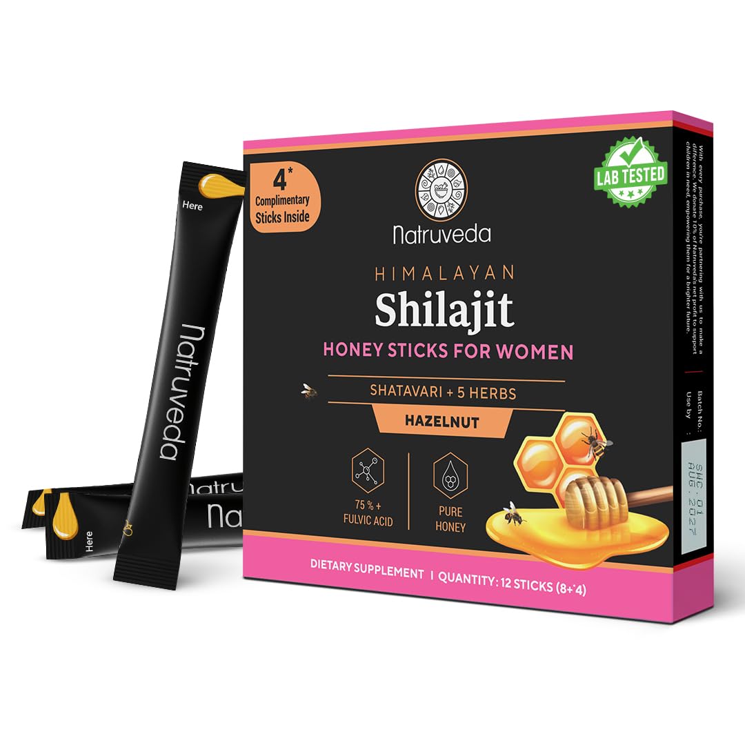 Natruveda Shilajit Honey Sticks for Women, 12 Sticks – Hazelnut | 300 mg Himalayan Shilajit Resin + Shatavari & 5 Ayurvedic Herbs | Lab Tested | Energy & Hormonal Balance Support