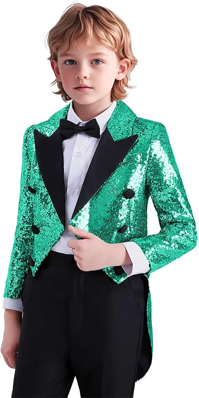 Boy Sequin Suit Tails Slim Fit Tailcoat Tuxedo Sequin Swallowtail Jacket for Boys Concert Proms Party
