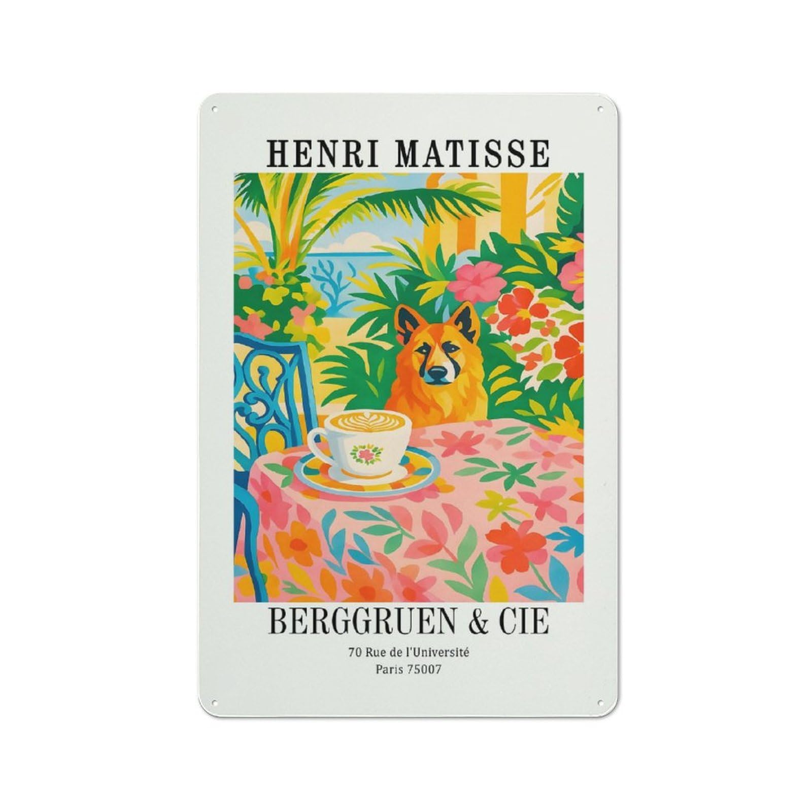 Junmoney Style-15 Barn Style Farmhouse Metal Sign 30X20cm Featuring Henri Matisse Dog And Coffee Painting, Cottage Wall Art For Kitchen, Cottage, Porch Or Garden Room