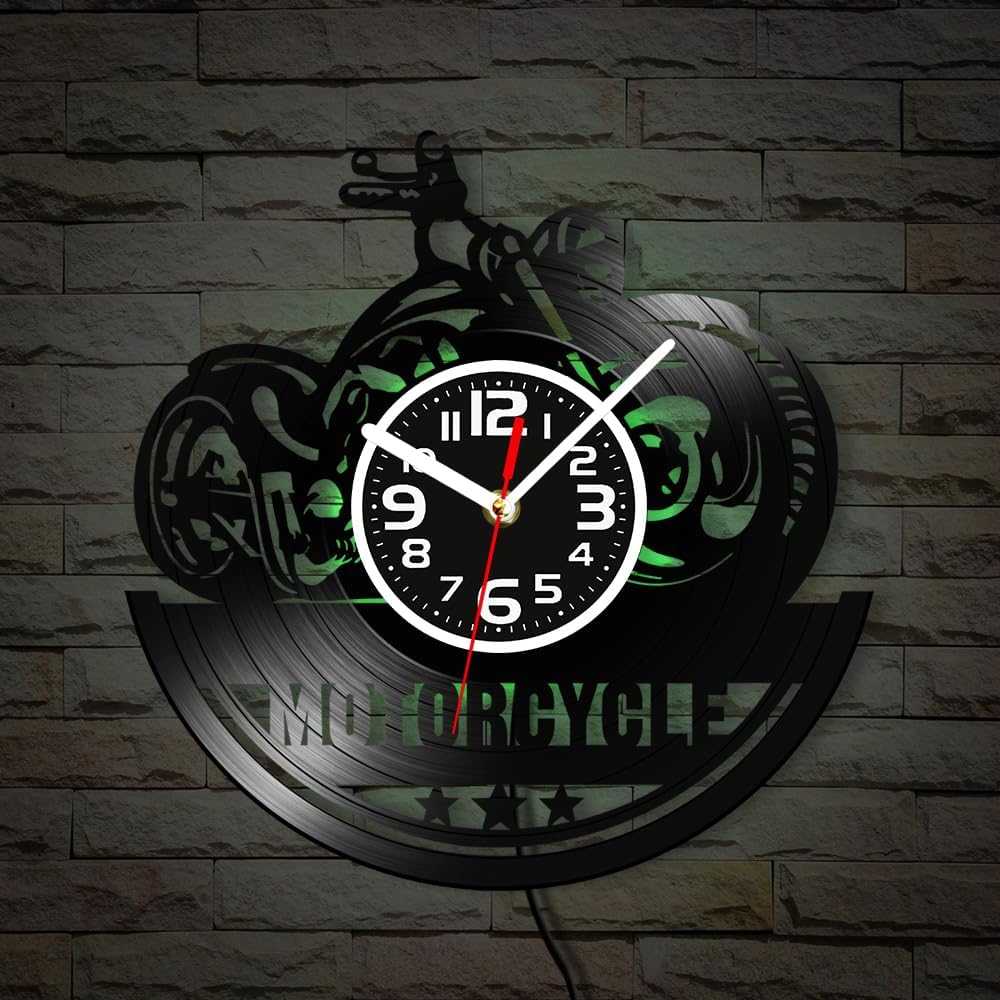 Geek Alerts 12''American Classic Motorcycle Retro LED illumination Wall Clock Made Of Real Vinyl Record,Motorbike Garage Sign Vintage Laser Cut Longplay Silent Quartz Clock Glow in Dark Gift for Biker