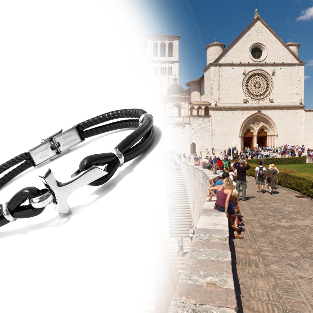 Bracciale Uomo Tau Francescano in Acciaio e Pelle – Gioiello Religioso con Croce Tau, Accessorio Spirituale Regolabile – Idea Regalo Cristiana
