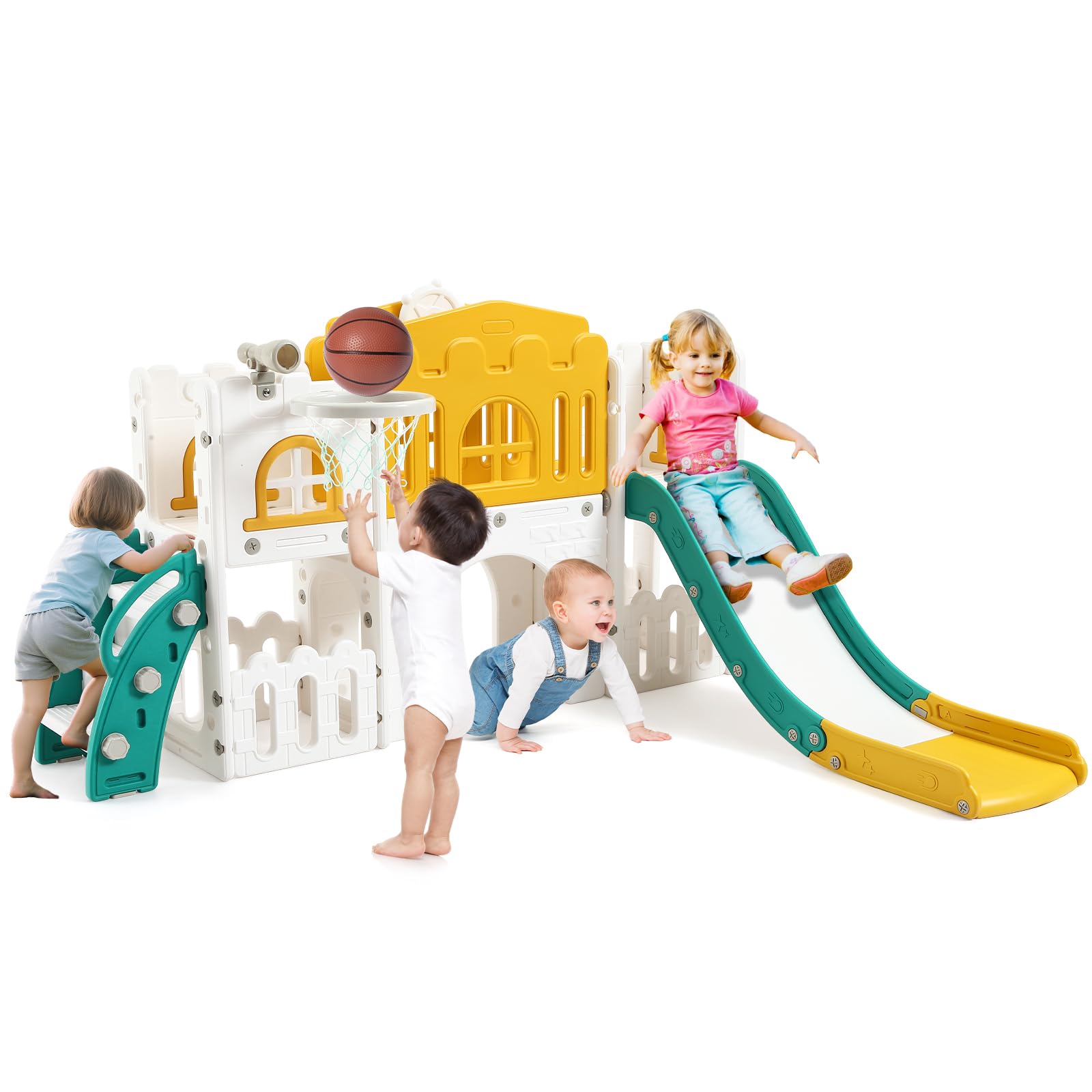 Tobogán Infantil 8 en 1 con Cesta de Baloncesto,Grandes Toboganes Infantiles Exteriores y Interiores con Escalera de Escalada,Telescopio y Túnel de Juego, Espacio de Almacenamiento, 1+