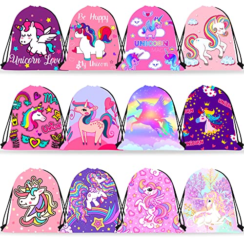 RLGPBON 12Stk Einhorn Partytüten Einhorn Turnbeutel Kordelzug Rucksack Einhorn Mitgebsel Geschenktüten Geschenktasche Partyzubehör für Kinder Geburtstagsparty Süßigkeiten Cover