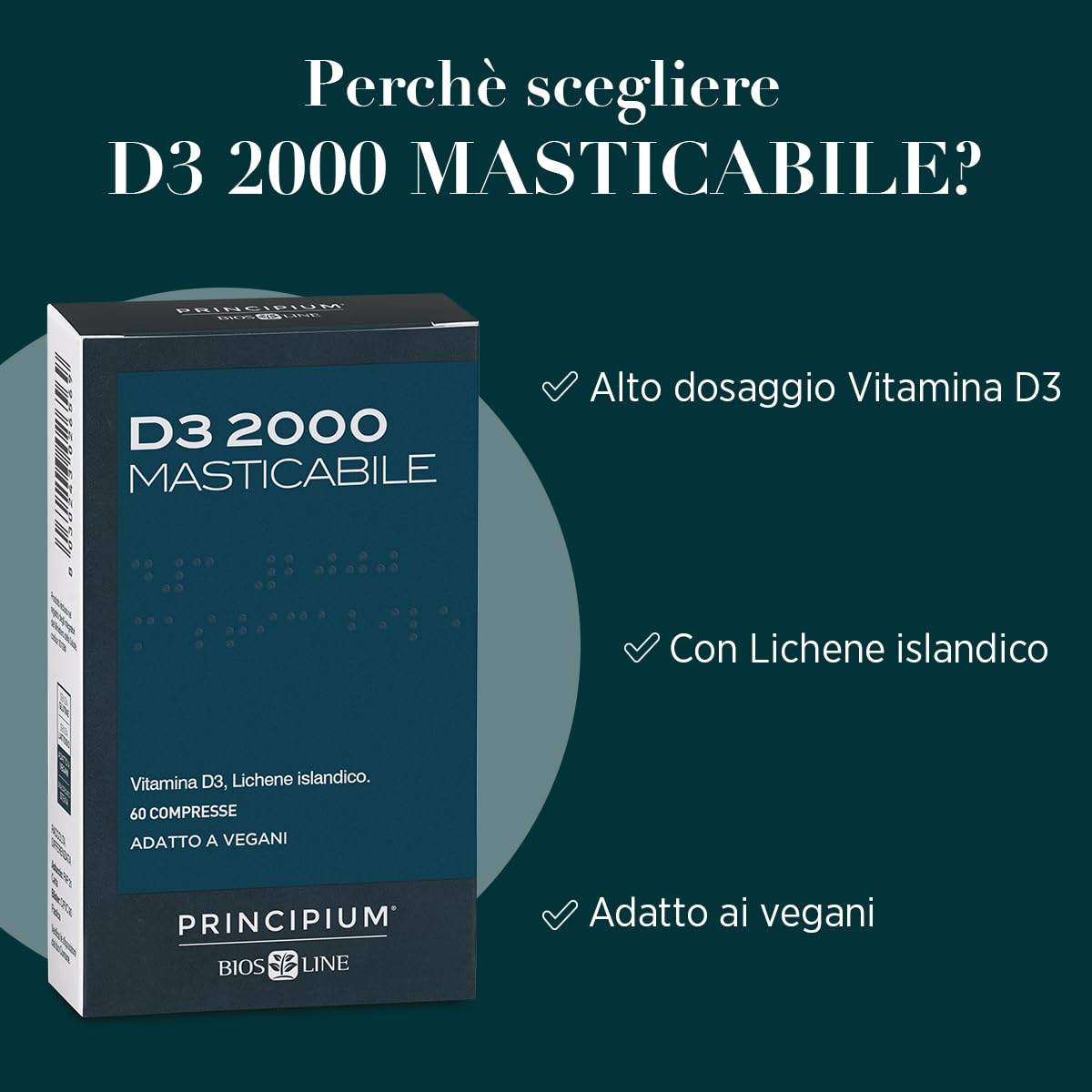 BIOS LINE Principium D3 2000, Integratore di Vitamina D3 con Lichene Islandico, Integratore Bambini e Adulti per Ossa e Denti, 60 Compresse Masticabili