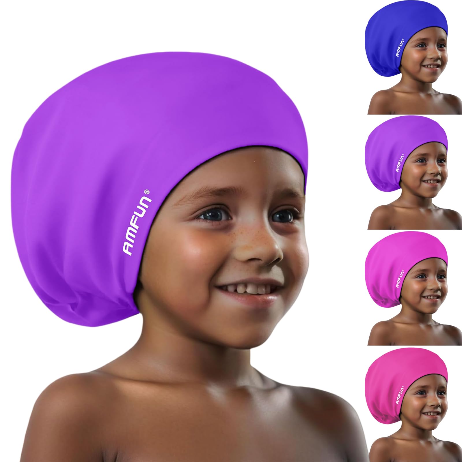 AMFUN Kids Swimming Cap,Silicone Swim Cap, Waterproof Anti Slip Stretchable Ear Protection, Odour Free Chlorine Resistant Comfort Fit for Pool Beach Swimming