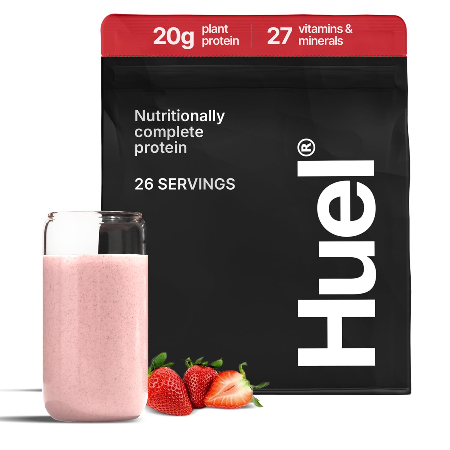 Huel Vegan Protein Powder | Strawberry | Complete Nutrition | 20g Protein Powder | 100% Plant-Based | 27 Vitamins & Minerals, Gluten Free, Non-GMO, Lactose Free | 26 Servings