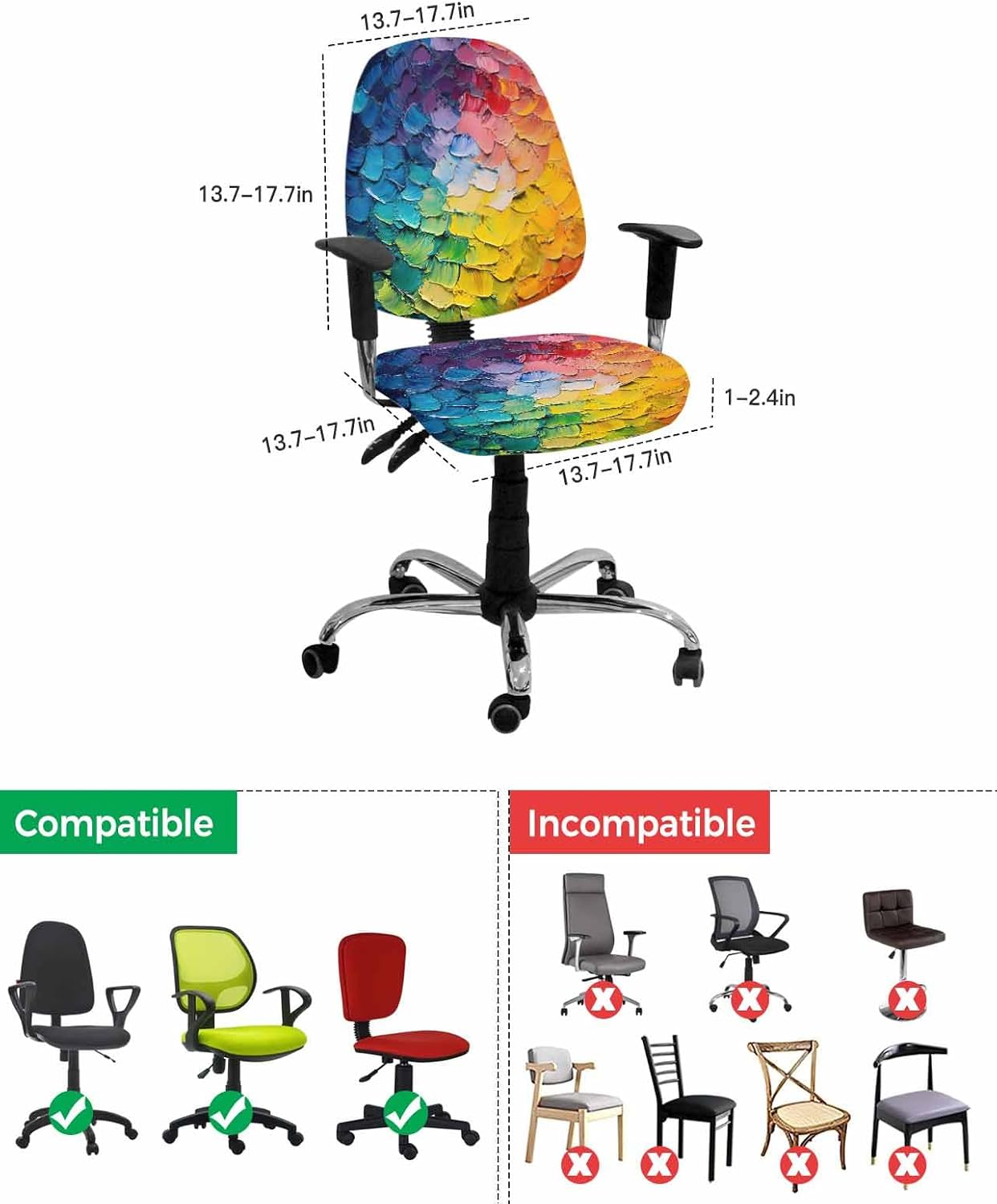 Colorful Oil Painting Office Chair Cover 2 Piece, Brushstrokes Abstract Art Modern Stretch Elastic Computer Desk Rotating Chair Seat Back Covers, Stretchable Chair Slipcover Protectors Cover image 3