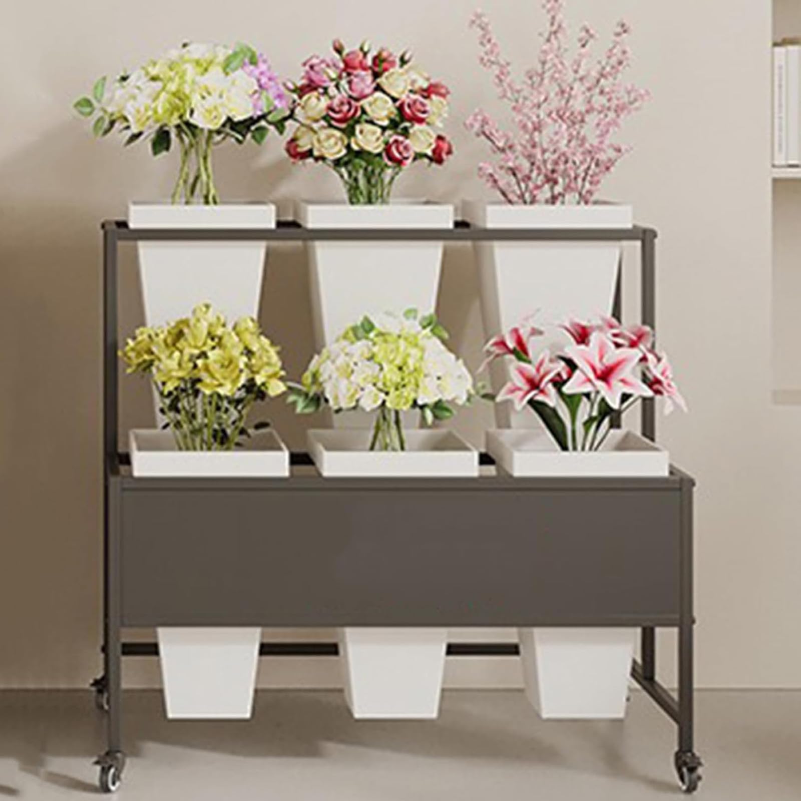 DFGHNBVC Florist Bouquet Display Stand With 6 Plastic Buckets, 2-Tier Metal Shelf On 4 Wheels For Flower Shops And Balconies,Black