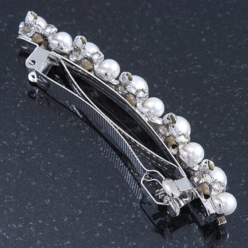 Miniatura 8 de Pinza para el pelo de cristal de perla sintética de tono plateado para novia, 3.346 in de ancho