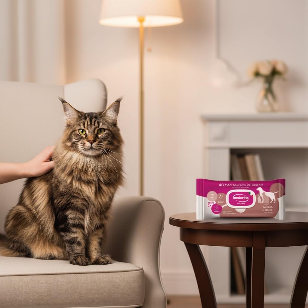 Inodorina Salviette per Cani, Gatti e Cuccioli Everyday (12 Confezioni da 40 Pezzi, Acqua di Rose) – Salviettine per Animali in Tessuto Resistente con Odor Stop – Azione idratante ed emolliente