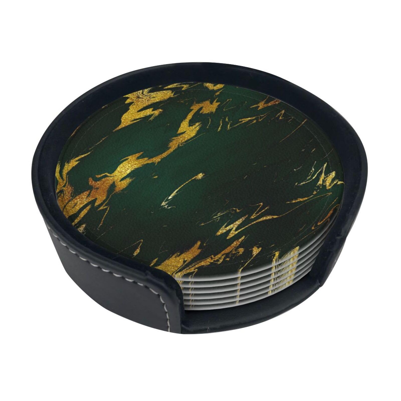 Emerald Deep Green Earth Tones Gold Marble,Set of 6 Round Coasters, Pu Leather Drinks Coasters with Holder for Home Office Kitchen