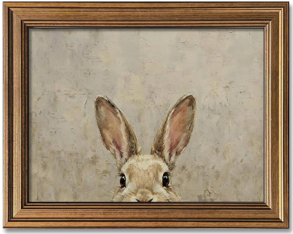 Wemandh Gold Framed Vintage Easter Bunny Wall Art - Muted Spring Rabbit Oil Painting Print, Farmhouse Easter Wall Decor, Rustic Cottagecore Animal Picture for Shelf, Mantle & Holiday Home Decor (Framed, 9.5'' x 12'')