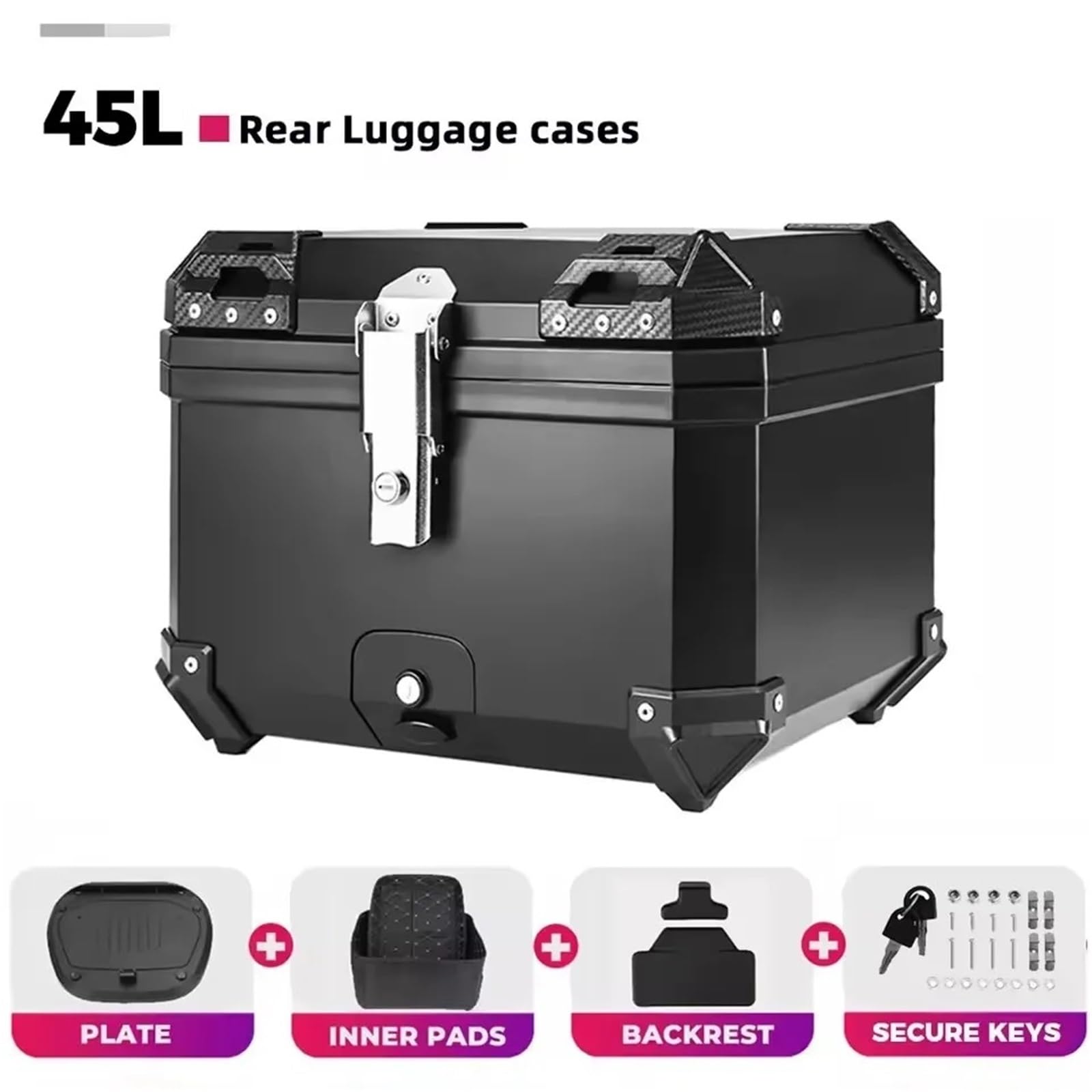 Motocicleta Top Case Caja Universal de plástico para Casco de Motocicleta de 45 l, Resistente al Agua y con absorción de Impactos, con 2 Llaves.(45L Black Box)