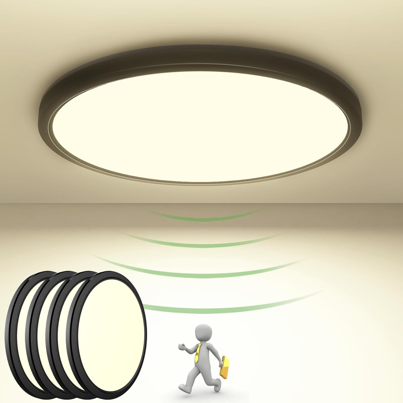 zemty Lampa sufitowa LED z czujnikiem ruchu 19 W, 4000 K, płaska lampa z czujnikiem ruchu wewnątrz, 22 cm, 1800 lm, okrągła lampa sufitowa, czujnik ruchu, IP44, lampa ścienna na balkon, piwnicę,