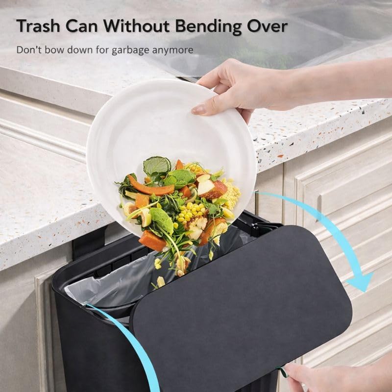 Image of Xmart India Plastic Hanging Kitchen Trash Can with Lid- Cabinet Door Hanging Garbage Bin, Double-Sided Open Flip Lid, Wall Mounted Kitchen Waste Bin, Under Sink Storage Trash Bucket(7L,Black)