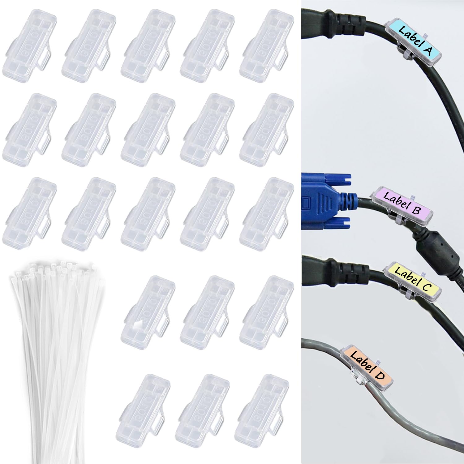 RXKFIGX 60 Pieces Transparent Cable Labels and 60 Pieces White Cable Ties Box of Cable Tags Cable Labels Cable Identification Tags for Cable Management and Identification (3010-60)
