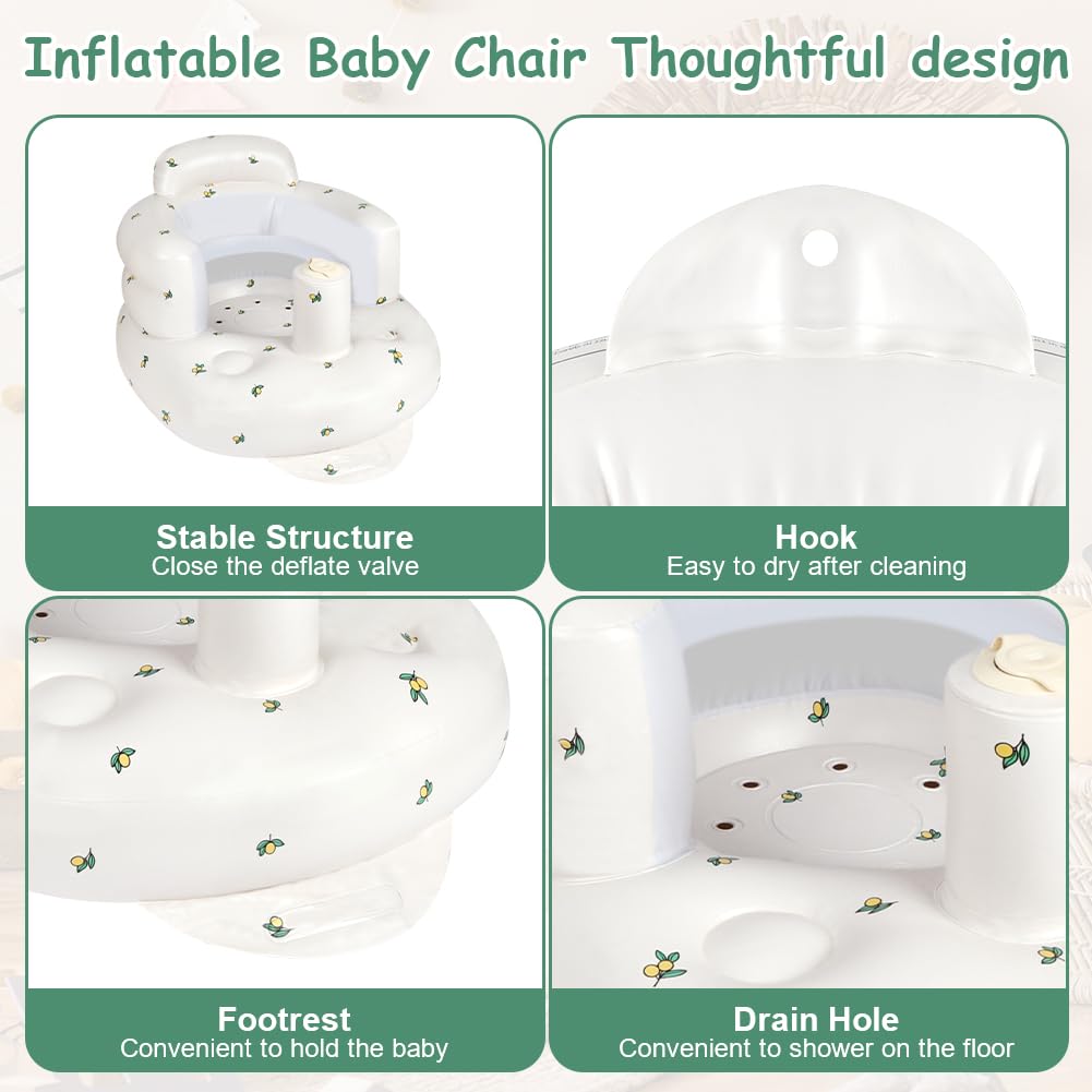 Aufblasbarer Babysitz, tragbarer aufblasbarer Babysofasitz mit eingebauter Luftpumpe, Kleinkind-Badesitz für Reisen über 3 Monate, Kleinkind-Bodensitz für Reisen, Olivenblüte