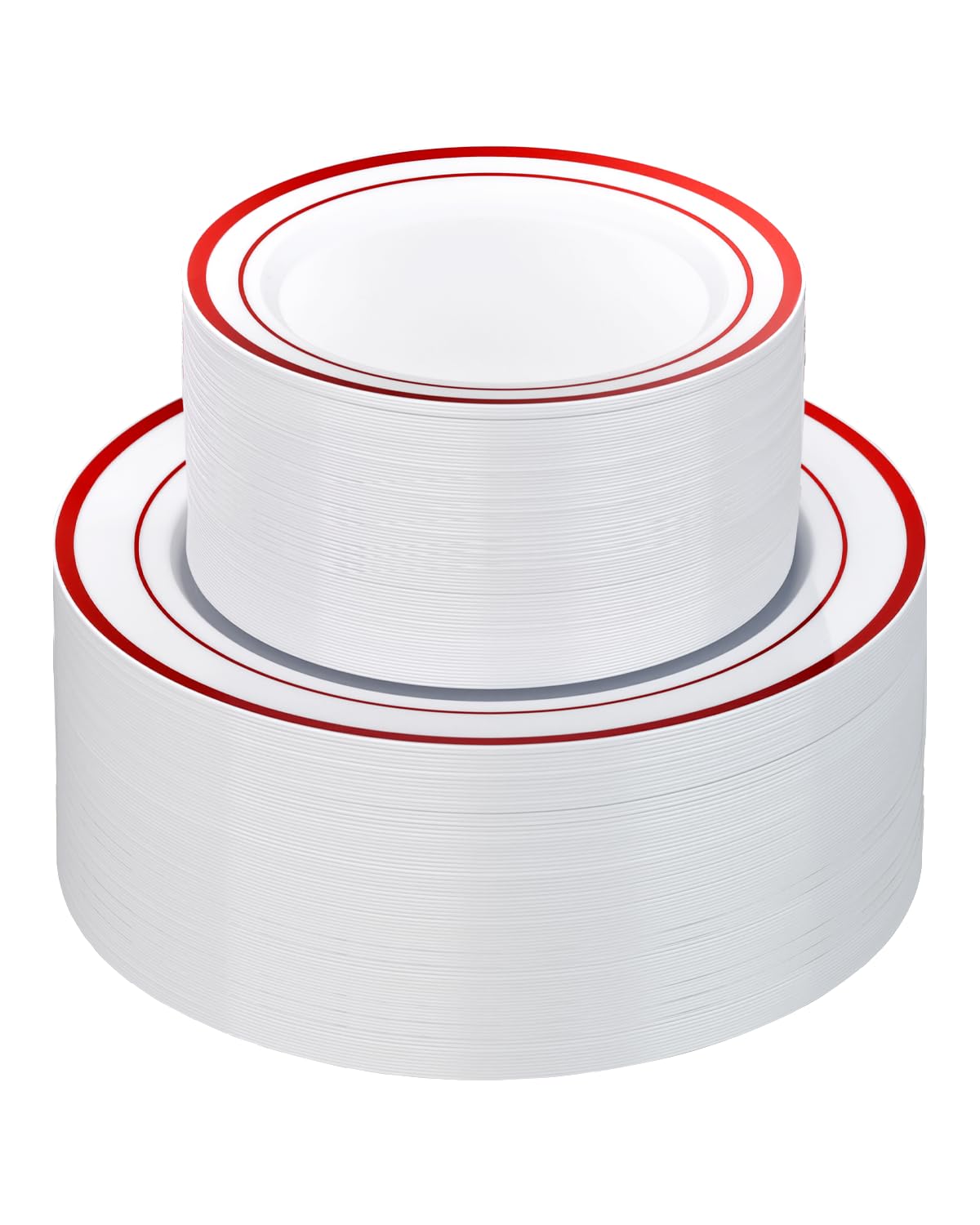Goodluck 200 Pack Red Rim Plastic Plates - 100 Dinner Plates (10.25") &amp; 100 Dessert Plates (7.5") - Heavy Duty Disposable White Plates with Elegant Red Trim - Premium Dinnerware Set for Wedding