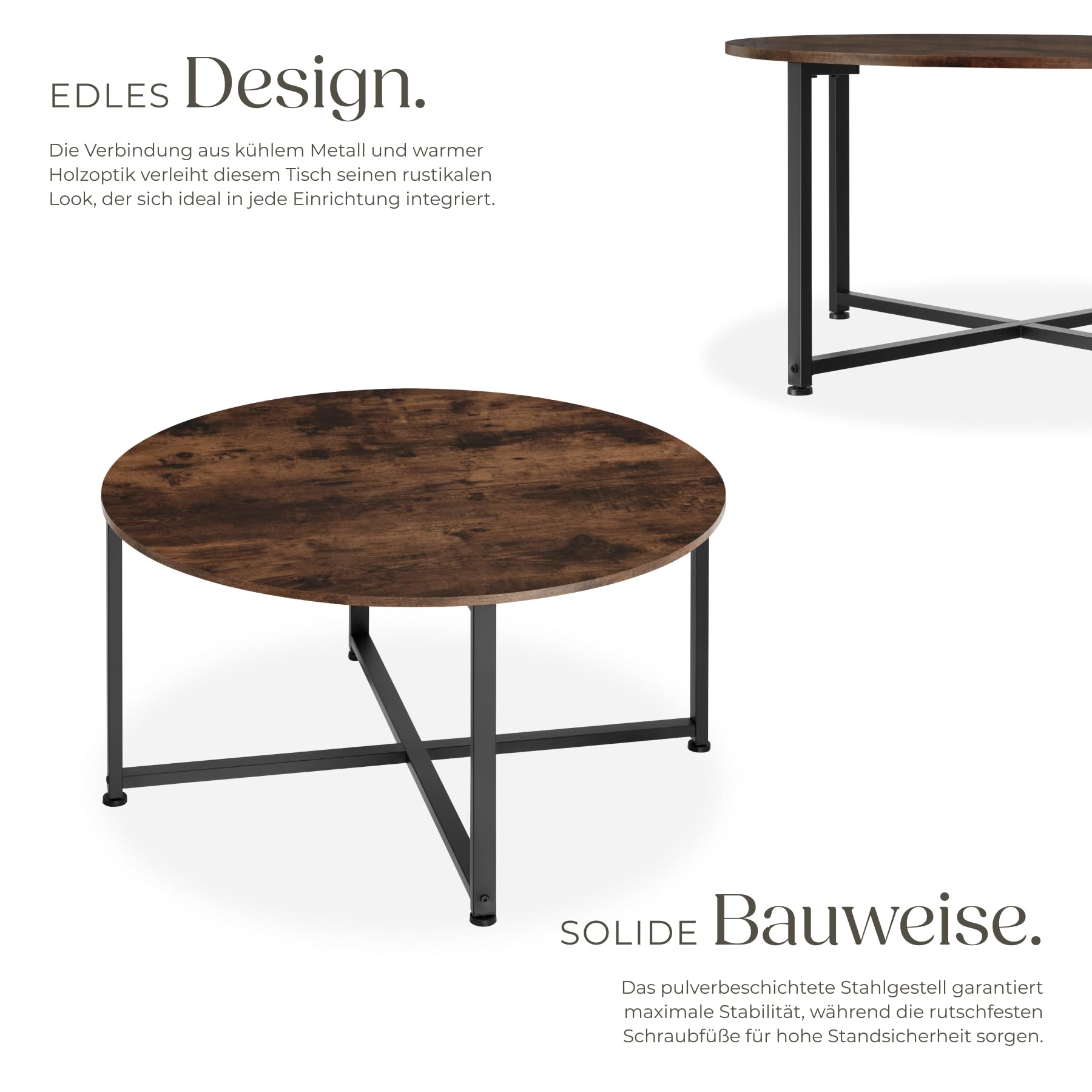 tectake® Couchtisch rund Holz und Metall, Beistelltisch rund, runder Tisch Wohnzimmer, Sofatisch, Wohnzimmertisch, Coffee Table Ø 88,5 cm, einfache Montage - Industrial Holz dunkel, rustikal