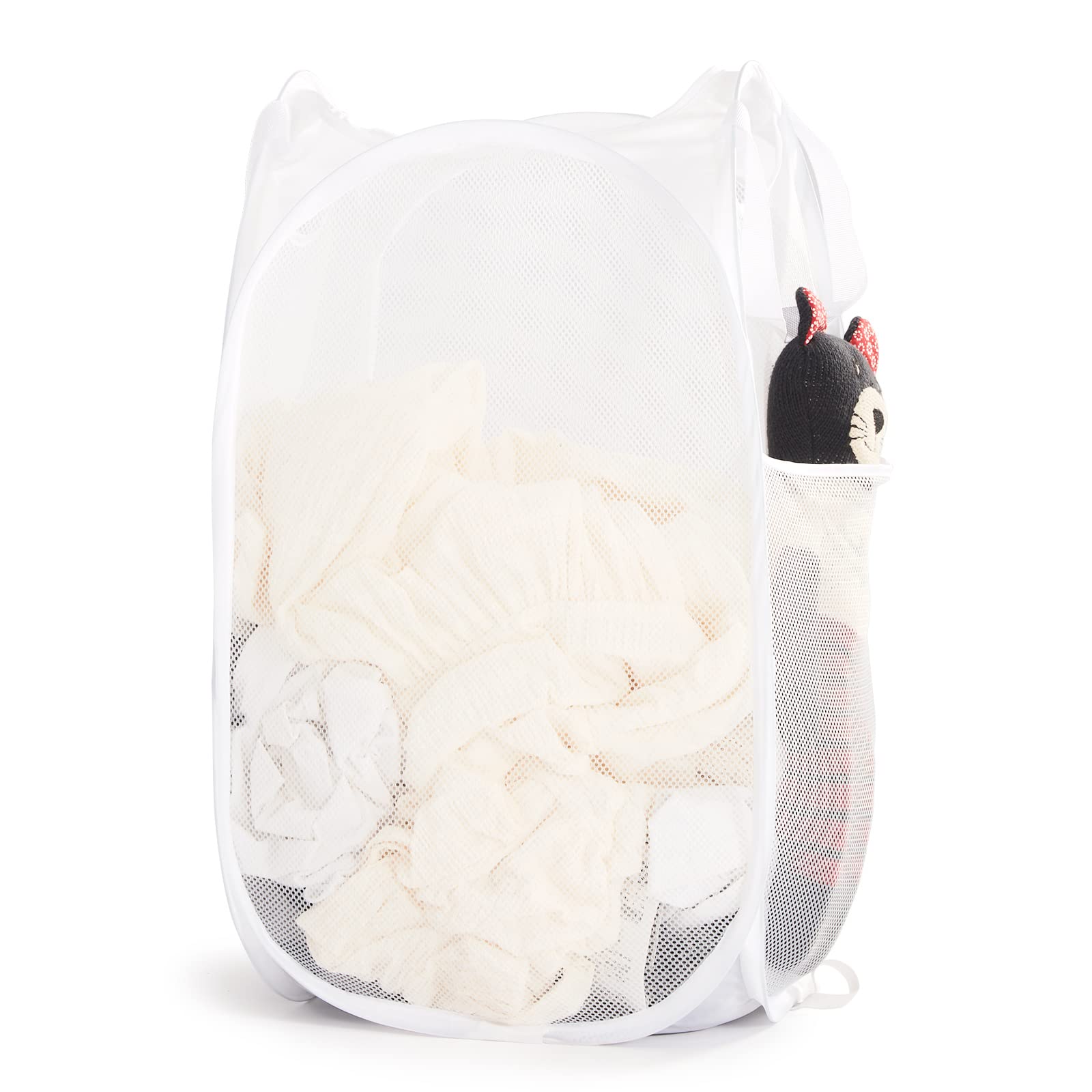 TECHMILLY Collapsible Mesh Pop Up Laundry Hamper with Sturdy Handles and Side Pocket - Portable Foldable Clothes Baskets for Dorm, Bathroom &amp; Travel Storage (White)