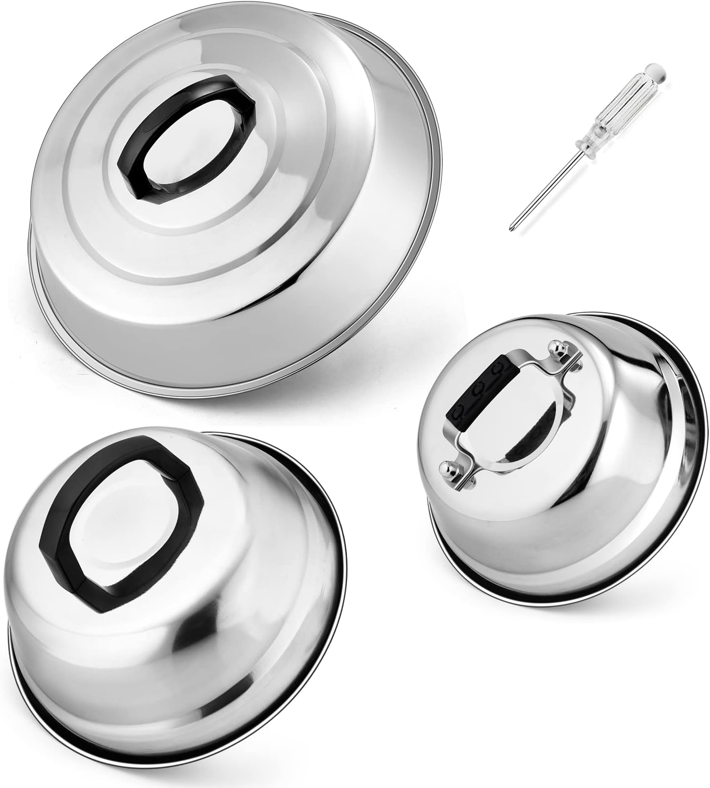 Cheese Melting Dome Set of 3, HaSteeL Stainless Steel Round Basting Steaming Covers, Professional Griddle Grill Accessories for Flat Top Teppanyaki BBQ Cooking Indoor & Outdoor (12” - 9” - 6.5”)