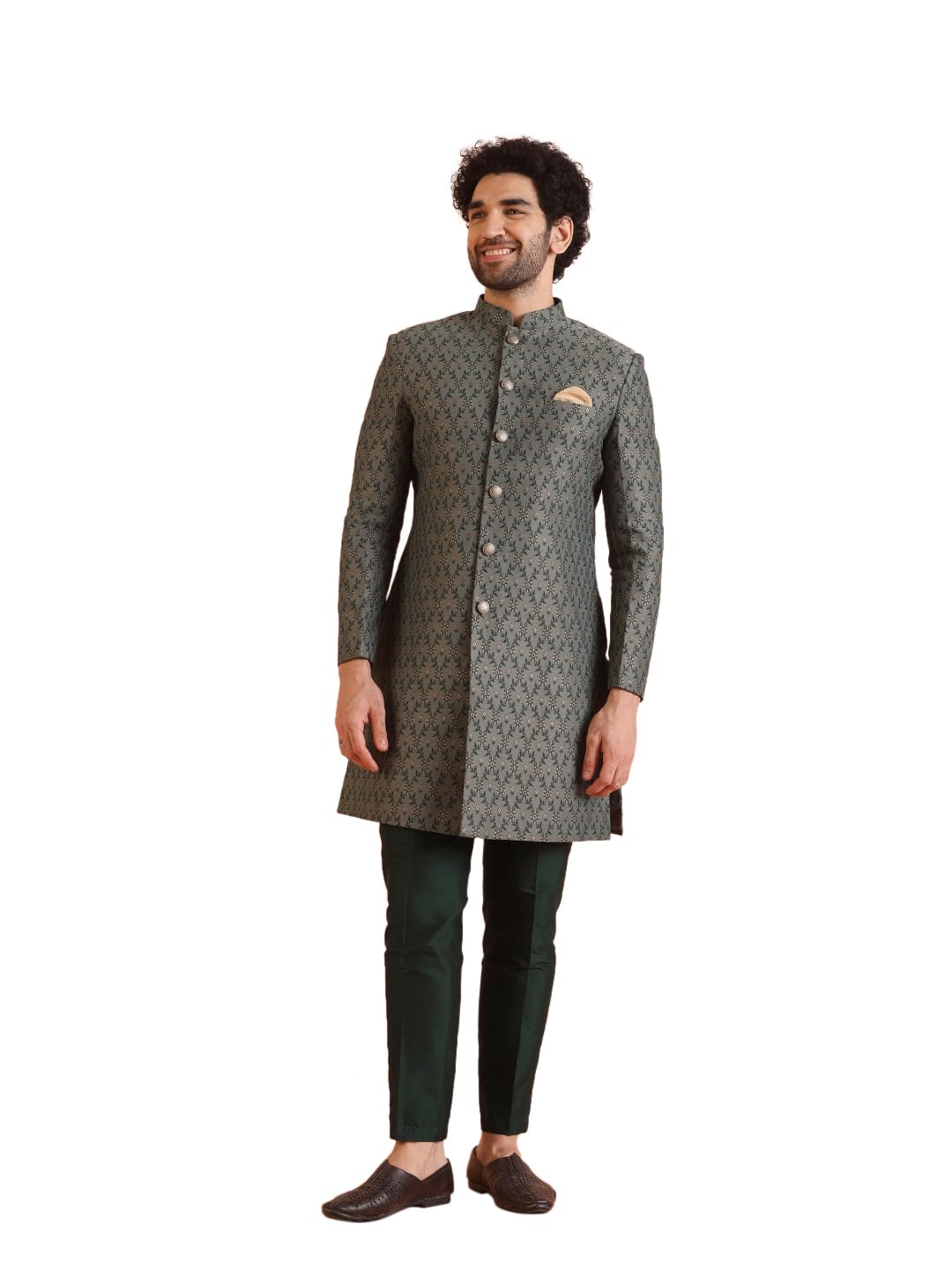 Men's Indo-Western Sherwani, Green Cotton Blend, Jacquard Regular Fit Mandarin Collar Long Sleeves-image-1
