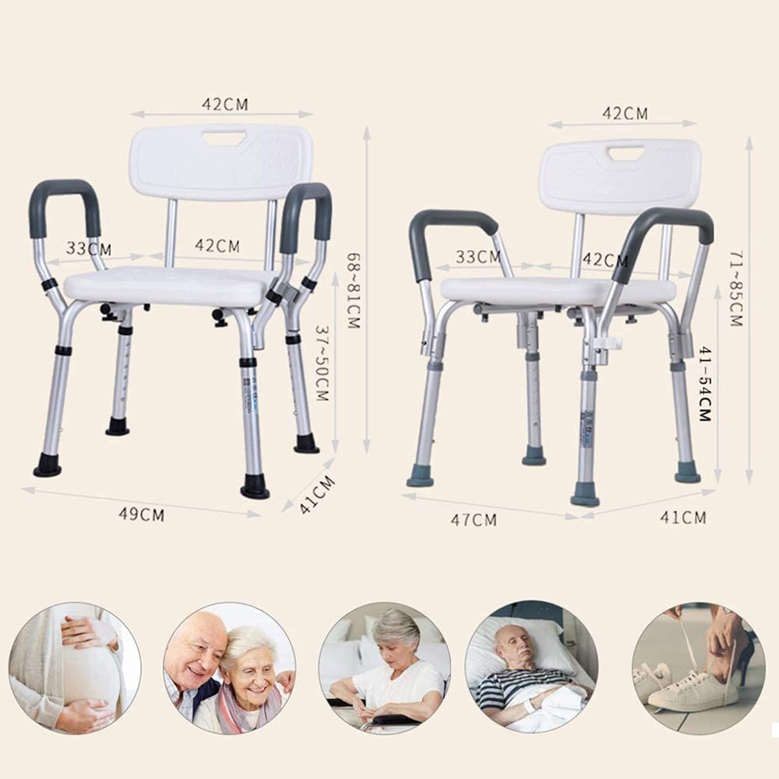 Sillas de Ducha para Ancianos con Reposabrazos y Taburete de Ducha Respaldo, Asientos de Ducha Asiento de Ducha Antideslizante Regulable en Altura, Ayudas de Ducha para Minusválidos y Adultos