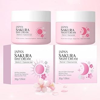 Sakura Day Cream & Night Cream Set, Anti Aging Skincare Face Moisturizer with Hyaluronic Acid & Retinol for Long-Lasting Hydration and Smooth Skin (2 Pack)