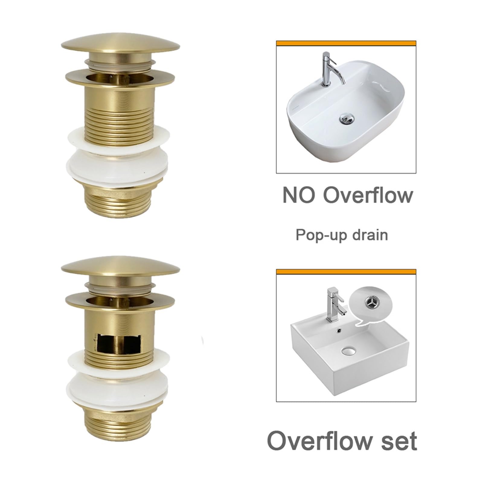 Sifón Lavabo Sifón for lavabo de baño en dorado cepillado mate, sifón for fregadero, for botella, tapón drenaje emergente for renovación(Matte Gold Overflow)