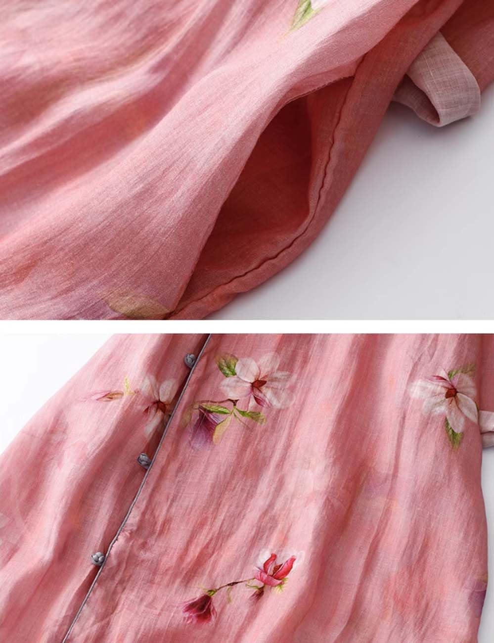 PRINCESS BRIDE Abito da cheongsam con maniche a 3/4 con stampa in lino estivo, abito vintage slim fit con spacco laterale A07