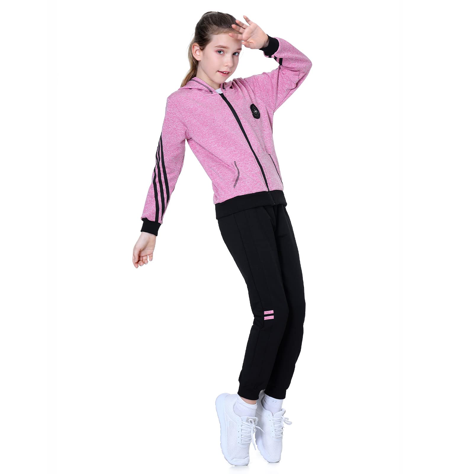 LPATTERN Dziecięcy dziewczęcy bawełniany dres do biegania na co dzień odzież sportowa 2/3 szt. zestaw strojów sportowych (kurtka z kapturem + koszulka z długim rękawem + spodnie lub kurtka z kapturem + spodnie)