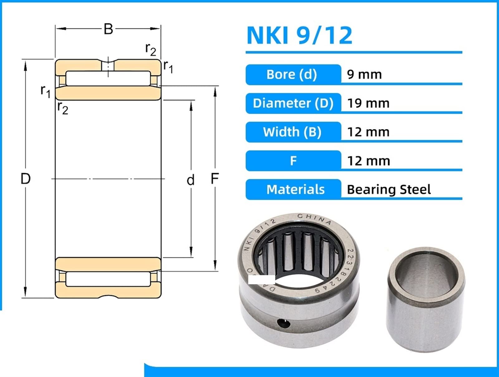 1 Uds NKI9/12 NKI 9/12 9mmX19mmX12mm NKI0912 rodamientos de agujas con anillos mecanizados con un anillo interior