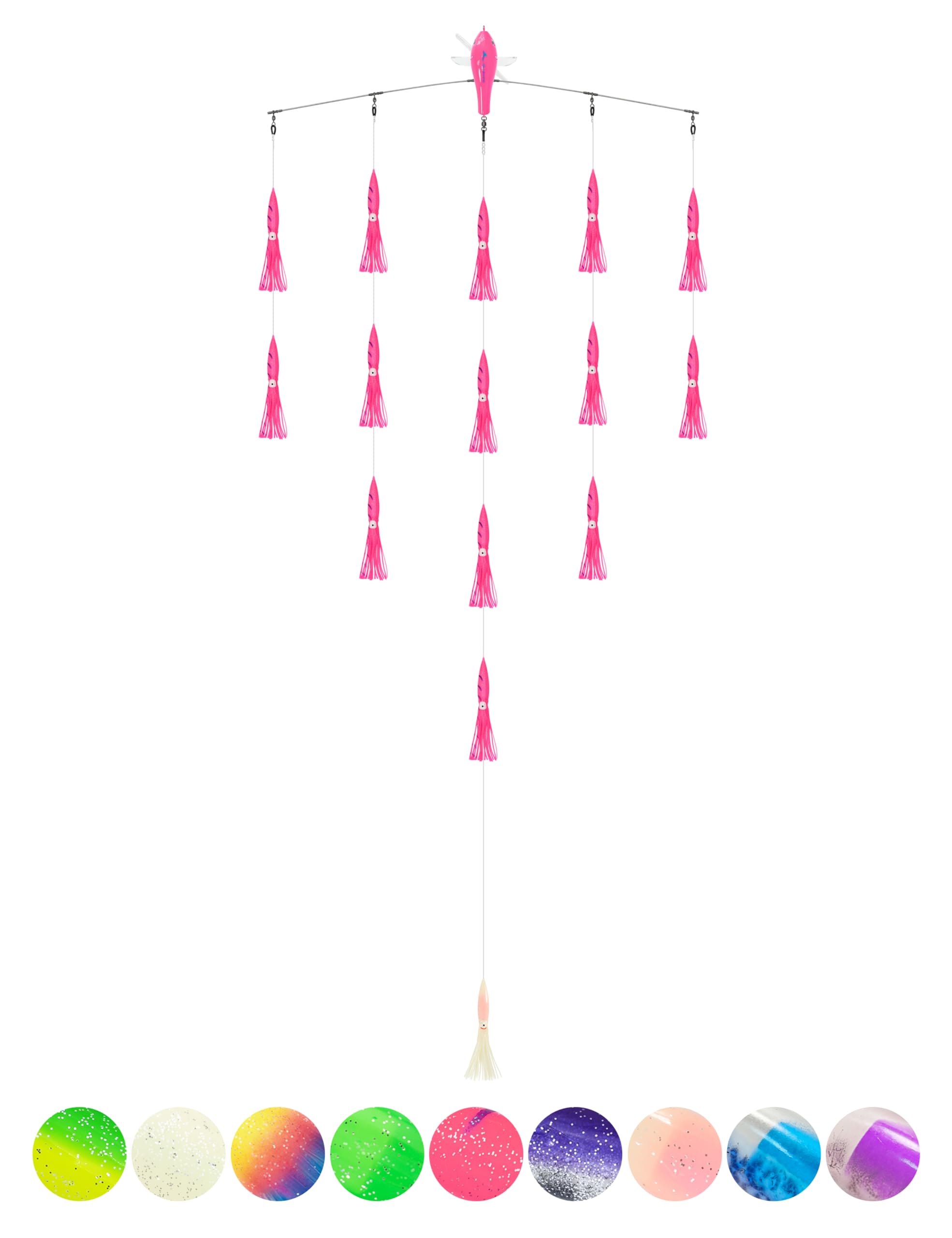 BLUEWING 36" Upgraded Fishing Spreader Bar Port Walker Offshore Trolling Spreader Bar with 6" Bulb Squids and 316 Stainless Steel Rod for Wahoo Tuna Marlin Mahi Mahi, Pink