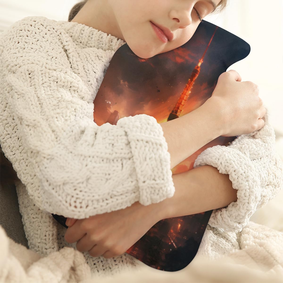 Hot Water Bottle with Soft Cover,2L Night City Hot Water Bag for Hot and Cold Compress, Hand Feet Warmer, Modern City Rubber Hot or Cold Water Bottle Halloween Christmas Decorations