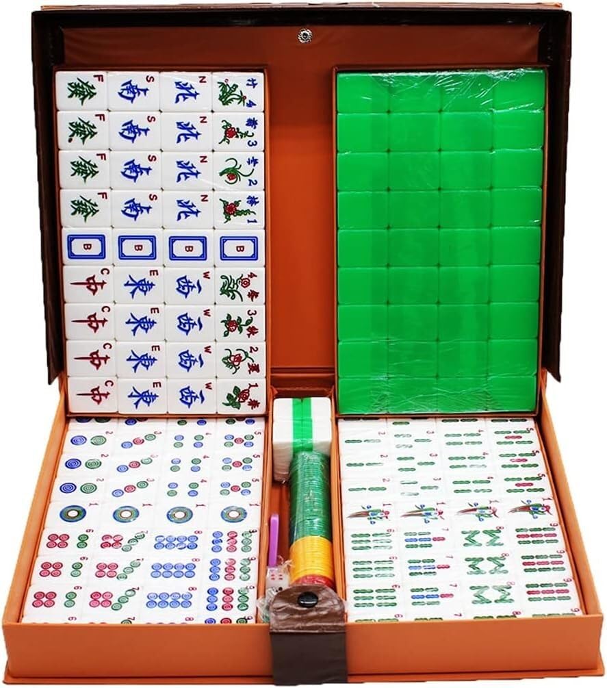 Pack de Jeux Coffret de Jeu de Mahjong avec étui de Transport Comprenant 144 dés de tuiles, 3 dés et Un indicateur de Vent Tuiles de Mahjong complètes