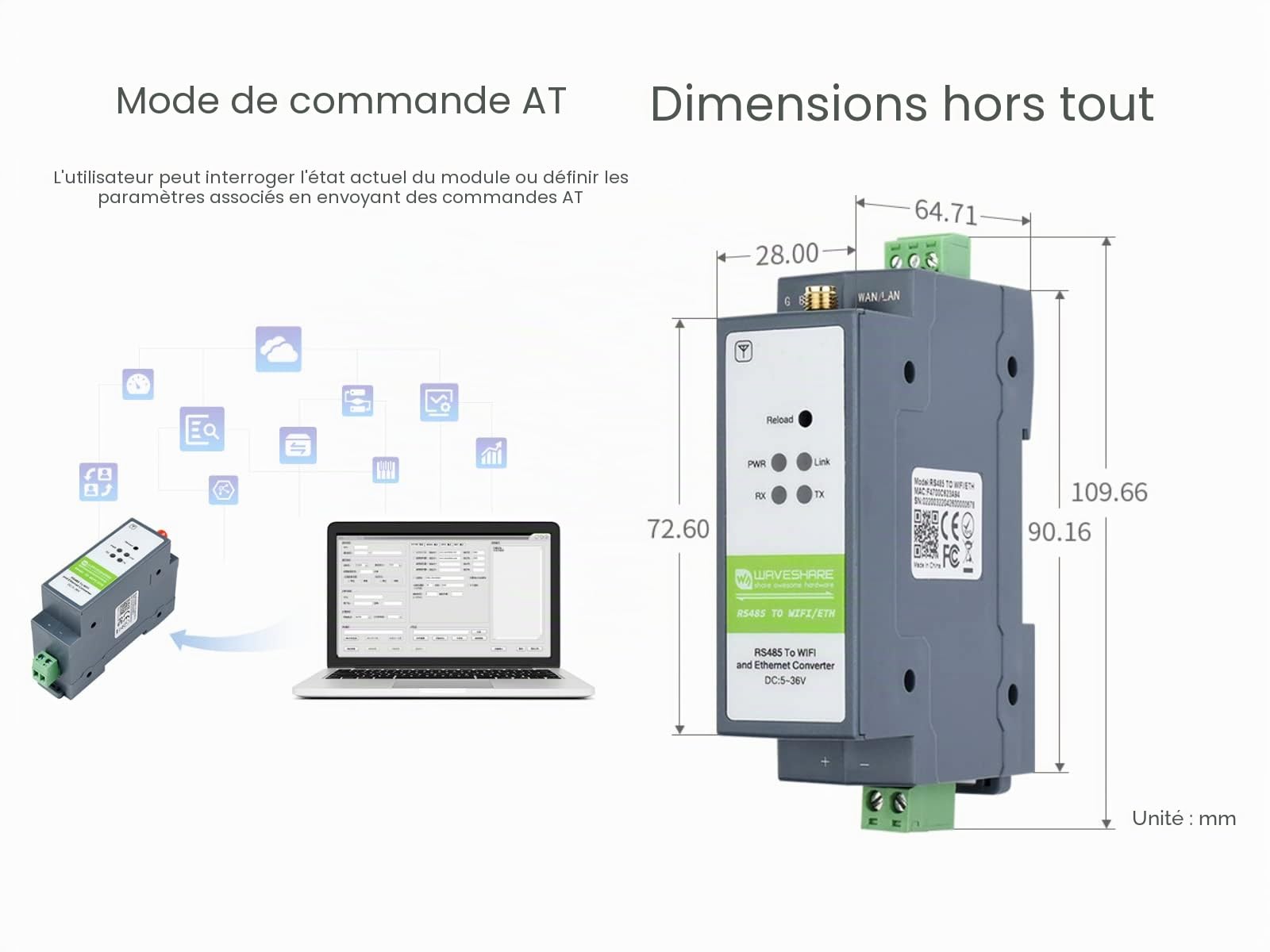 Waveshare RS485 to WiFi/Ethernet,Ethernet to WiFi Converter Module,Rail-Mount RS485 Serial Server, Modbus MQTT Gateway,300~460800 BPS Baudrate,Support TCP/UDP/ARP/ICMP/DHCP/DNS/HTTP/MQTT