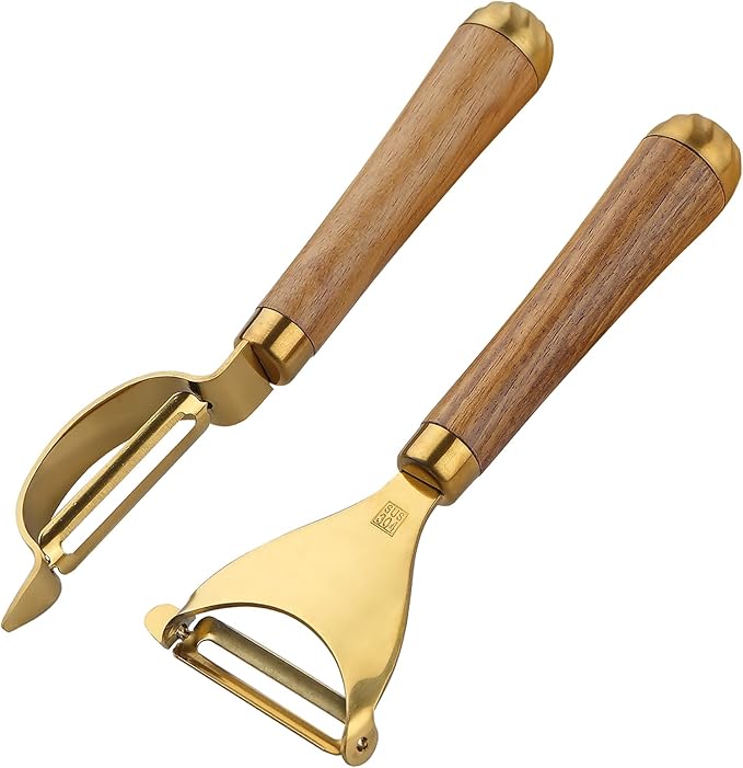 Potato Peelers,Premium 304 Stainless Steel Vegetable Peeler Set, Rosewood Handle For Kitchen, Veggie Fruit Peeler, Apple Carrot Cucumber Peeler，Ultra Sharp Rotary Blade, 2-Piece(Golden)
