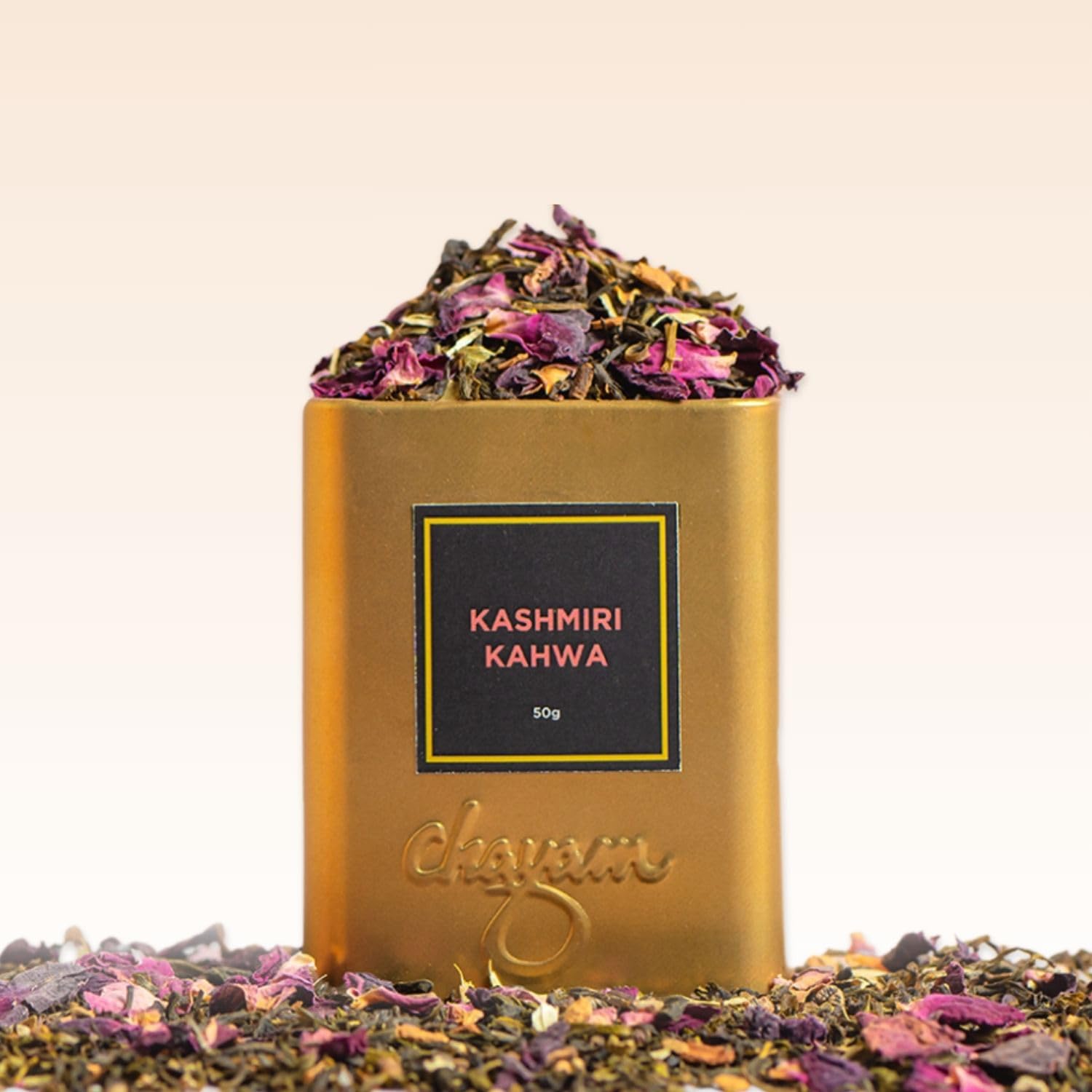 CHAYAM Kashmiri Kahwa Green Tea - 50g/1.77oz | Herbal Blend with Saffron, Cardamom, Cinnamon, Cloves, Almond & Rose Petals | Detox Tea for Digestion & Metabolism |100% Natural - Pack of 1
