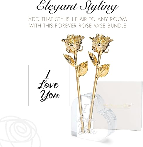 Miniatura 4 de Forever Rose Combo de dos rosas, rosas reales bañadas en oro de 24 quilates en jarrón acrílico, grabado en forma de corazón "I Love You", regalo de