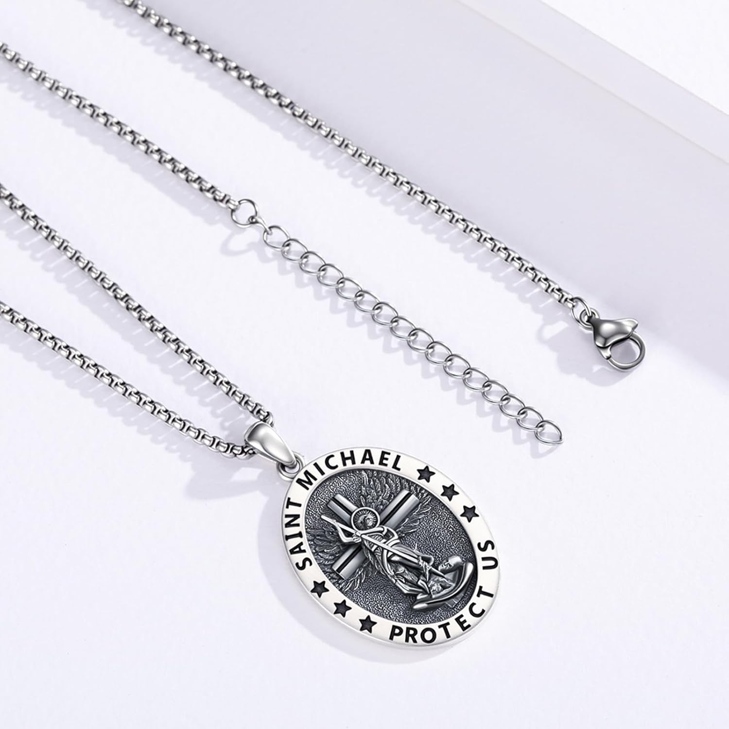 Archangel Saint Michael Necklace for Men Women 925 Sterling Silver Saint Michael Amulet Pendant Necklace Archangel Miracle Medal Pendant Protect Us Religious Jewelry Gift for Men - Image 2