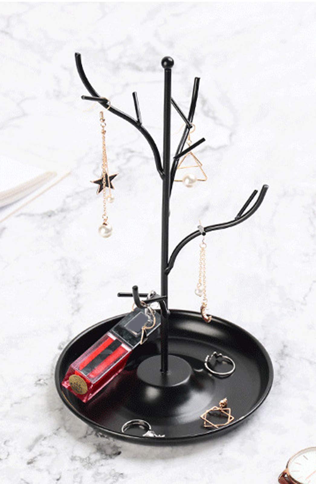 ChezMax Jewelry Display Necklace Earring Organizer Holder Metal Birds Tree Stand with Tray Antique Bracelet Rings Rack Tower Decoration for Women Girl Black 9.4 Inch
