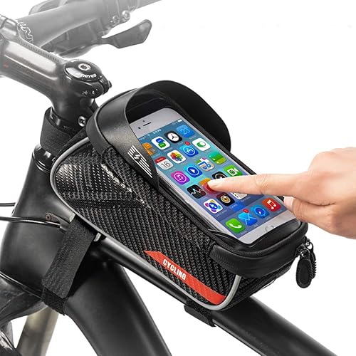 Miniatura 2 de Bolsas de marco delantero para bicicleta, bolsa impermeable para montaje en teléfono de bicicleta, visera táctil sensible, gran capacidad, tubo
