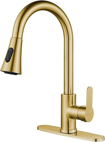 Grifo de cocina dorado con rociador extraíble, moderno de acero inoxidable de arco alto de una sola manija, grifo de fregadero de cocina dorado