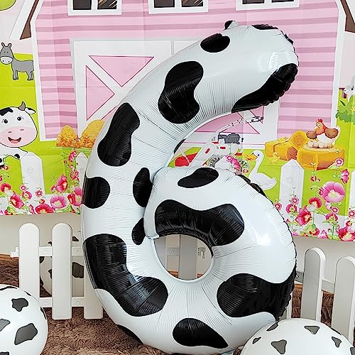 Image of Cow Print Number 4 Balloon, Large 40 Inch Cow Number Birthday Balloons | Helium Foil Mylar Balloon Cow Themed Birthday Party Decorations | Farm Barn Decor for kids,Girl,Boy